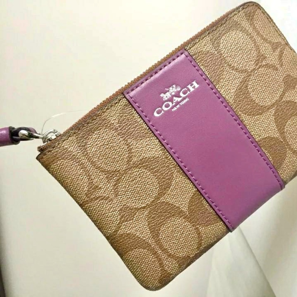 COACH Brown Signature Corner Zip Wristlet Wallet